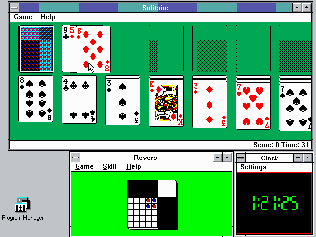 Windows 3.0 Desktop with Solitaire and Clock (1990)